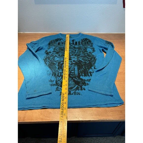 CJ Black Thermal Shirt Mens Waffle Knit Y2K Jnco Affliction Long Sleeve Size XL - Picture 4 of 6